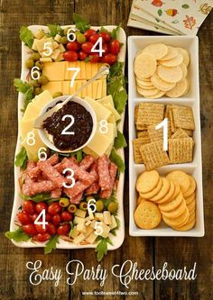 an assortment of cheeses, crackers and fruit on a platter with the words easy party cheeseboard