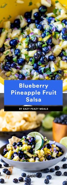 blueberry pineapple fruit salsa in a bowl with lime wedges on the side