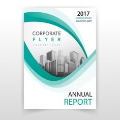 an annual report cover with cityscape in green and white, on a gray background