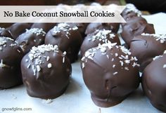 chocolate covered candy balls with white sprinkles and text that reads no bake coconut snowball cookies