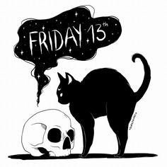 a black cat standing next to a skull with the word friday 13 written on it