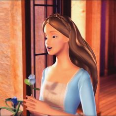 the animated girl is holding a rose in her hand and looking out the window at something outside