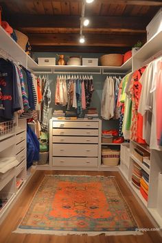 an organized closet with drawers, rugs and other items on the floor in front of it