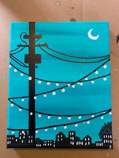 an acrylic painting of power lines and the moon