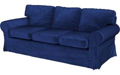 a blue couch sitting on top of a white floor