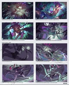 an animation storyboard showing various stages of the character's development and how to use them