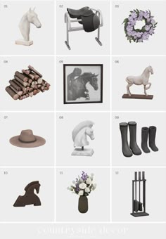 an assortment of items that include horses, boots and flowers in black and white colors