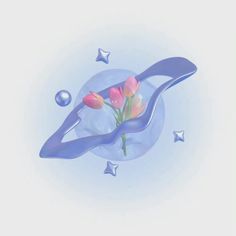 two pink tulips sitting on top of a blue plastic spoon with stars around it