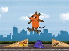 a cartoon mouse riding a skateboard in the middle of a street with graffiti on it