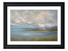 an oil painting of clouds over the ocean and grass in front of a black frame