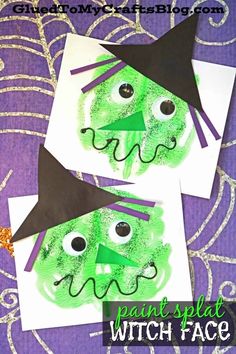 two halloween crafts for kids with green and black faces on them, one is made out of