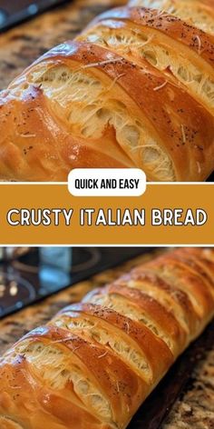 the bread has been sliced and is ready to be baked in the oven, with text overlay that reads quick and easy crusty italian bread