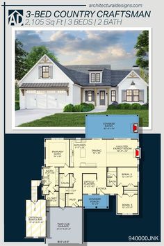 the floor plan for this 3 bedroom country craftsman home is shown in blue and white