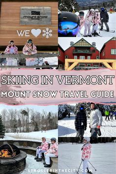 skiers and snowboarders at the ski resort with text saying skiing in vermont mount snow travel guide