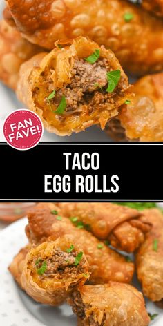 taco egg rolls on a plate with text overlay