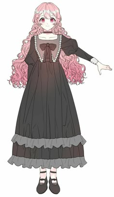 a drawing of a woman with long pink hair and black dress, holding her arms out