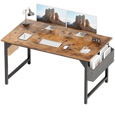 a computer desk with two pictures on it