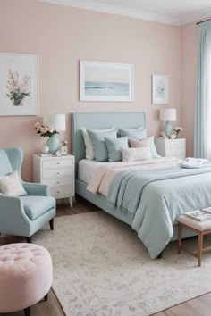 a bedroom with pink walls and blue furniture