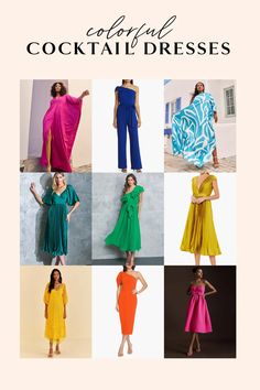 Add some color to your life! These colorful cocktail dresses are a rainbow of rich hues guaranteed to stun at your next party or event. Try one of these occasion dresses at a wedding, shower, cocktail party, work event, or any other occasion that needs some color. Wedding Cocktails Dress, Colourful Cocktail Dress, Colorful Cocktail Dress, Summer Chique Dresscode, Colorful Cocktail Attire, Coctail Dresses 2024, Cocktail Dresscode, Colorful Wedding Guest Outfits, Dress Code Cocktail