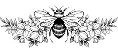 a black and white drawing of a bee surrounded by flowers