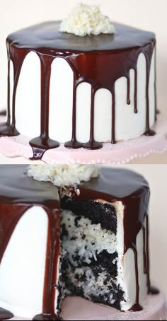 two pictures of a chocolate cake with white frosting