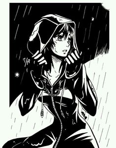 a girl in the rain with an umbrella and hoodie over her head, looking at something