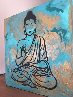 a painting of a buddha sitting on top of a wooden floor next to a wall