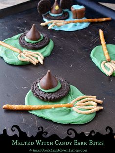 homemade witch candy bark bites with chocolate and pretzels in the shape of witches