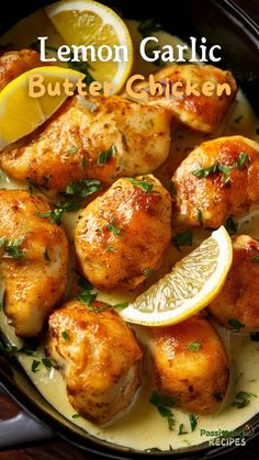 lemon garlic butter chicken in a skillet