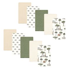 five sheets with animals and trees on them