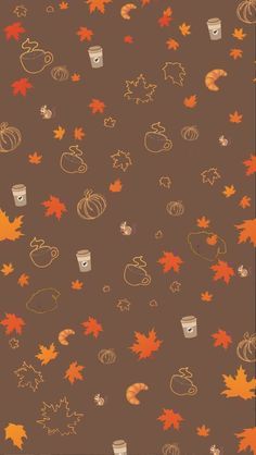 an orange and brown background with leaves, acorns and pumpkins on it