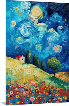 an oil painting on canvas of a field with flowers and trees under the night sky