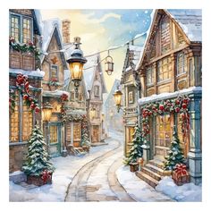 a painting of a snowy street with christmas decorations