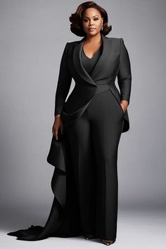 Xpluswear Design Plus Size Mother Of The Bride Elegant Purple Turndown Collar Long Sleeve Flounce Pockets Two Piece Pant Sets - Xpluswear Plus Size Women Formal Wear, Woman’s Suit For Wedding, Formal Pant Suits For Women Plus Size, Black Plus Size Formal Dress, Women's Fashion Over 40 Fall, Plus Size Mother Of The Bride, Wedding Officiant Attire, Officiant Attire, Plus Size Formal Wear