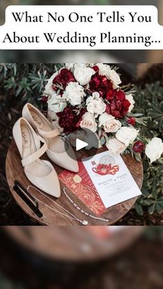 wedding planning with flowers and shoes on a table