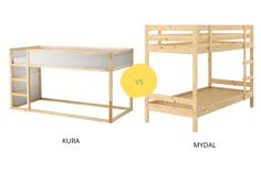 two bunk beds side by side, one with a yellow circle and the other with a white mattress