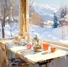 a painting of a table with cups and teapots on it in front of a snowy landscape