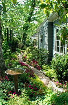 a garden with lots of flowers and plants around it in front of a blue house