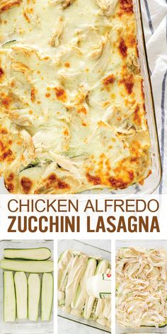 chicken alfredo zucchini lasagna in a casserole dish with cheese