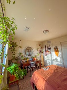 a bedroom with a bed, desk and potted plants