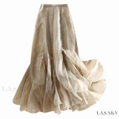 Lasaky - Chiffon Asymmetrical High-Waisted Pleated Skirt with Leaf Design and Feather Trim Beige Ruffled Skirt For Parties, Elegant Layered Hem Skirt For Spring, Elegant Spring Skirt With Layered Hem, Elegant Layered Skirt For Spring, Elegant Beige Tiered Skirt Bottoms, Elegant Skirt With Layered Hem For Spring, Elegant Solid Color Draped Skirt For Spring, Elegant Solid Draped Skirt For Spring, Elegant Draped Skirt For Spring