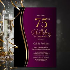 a purple and gold birthday card with two champagne glasses