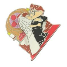 a pin with an image of a bride and groom