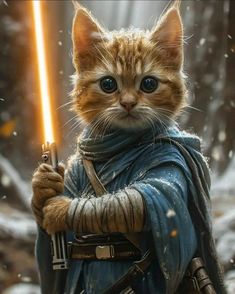 a cat dressed up like star wars character holding a light saber