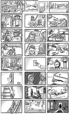 an animation storyboard is shown in black and white, with several different scenes on it