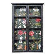 an old black bookcase with flowers painted on the front and side glass doors that are open