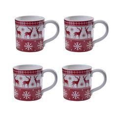 four red and white coffee mugs with deer on them