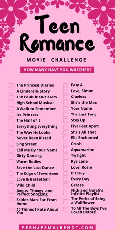 a pink and yellow checklist with the words teen romance in black letters on it