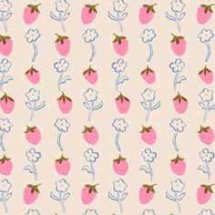 a pattern with strawberries and flowers on a pink background