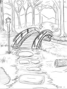 a drawing of a bridge over a river